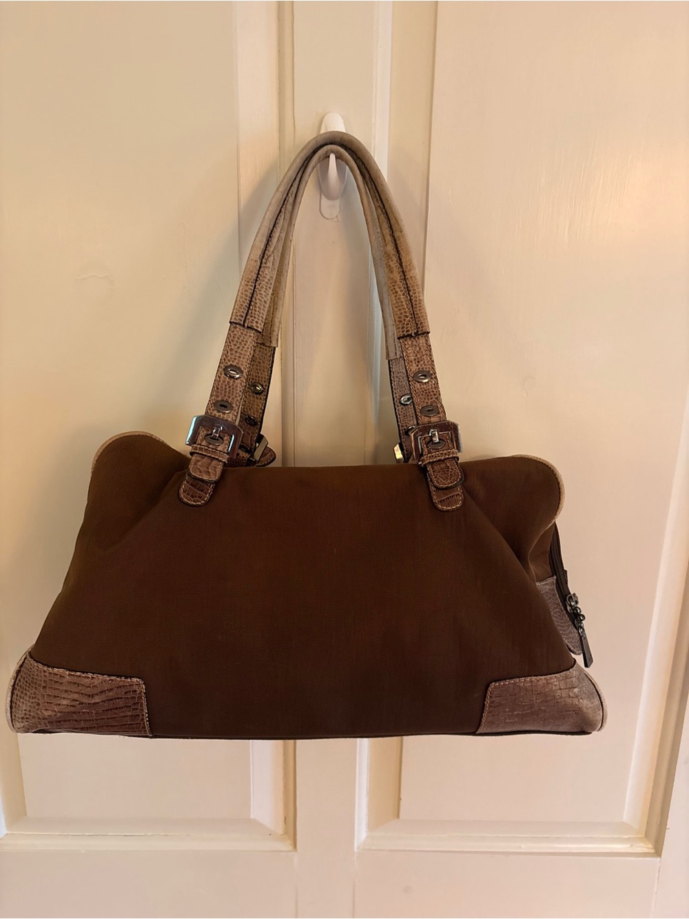 Vintage Adrienne Vittadini Brown Nylon Satchel Faux Croc Leather Duffel/Tote Bag